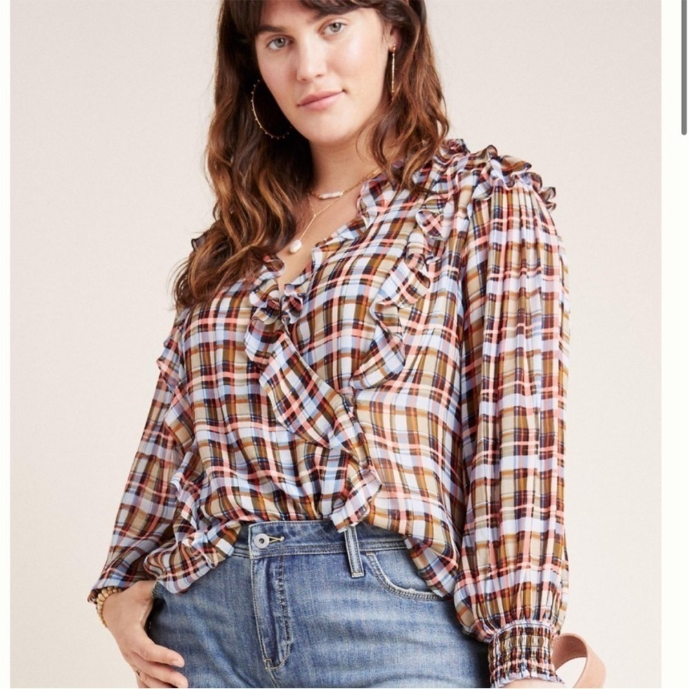 Anthropologie plaid ruffle blouse